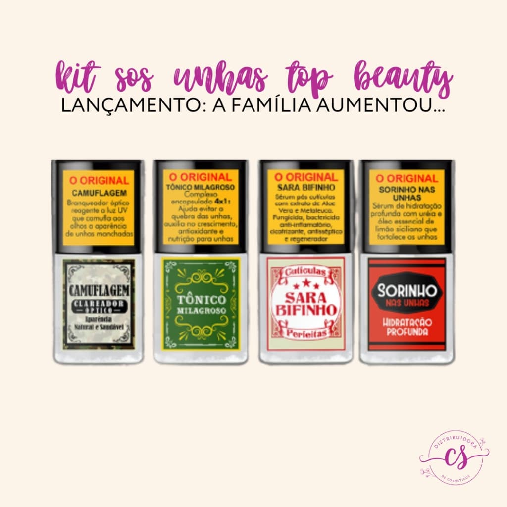 Kit SOS Unhas com Base Camuflagem + Tônico Milagroso + Sara Bifinho + Sorinho Hidratante - Top Beauty