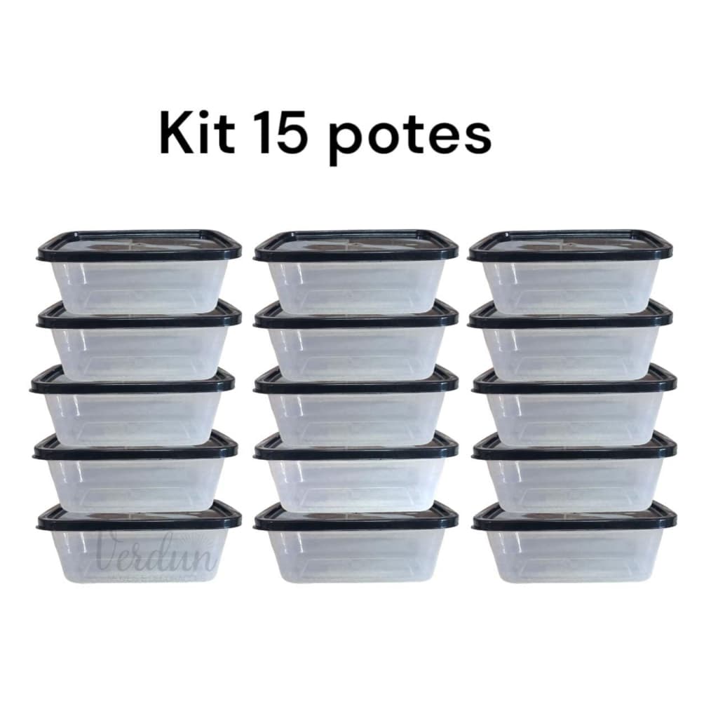 Kit 15 Potes Marmita Fitness Livre BPA 1 litro Congelar Marmita Semanal 1000 Ml Transparente com Tampa Preta Resistente