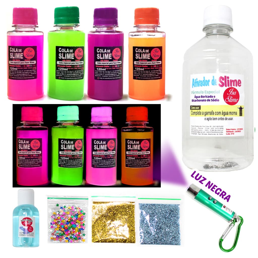 Kit Para Fazer Slime Neon Glow Glue Brilha no Escuro + Luz Negra Isa Slime Mini Kit