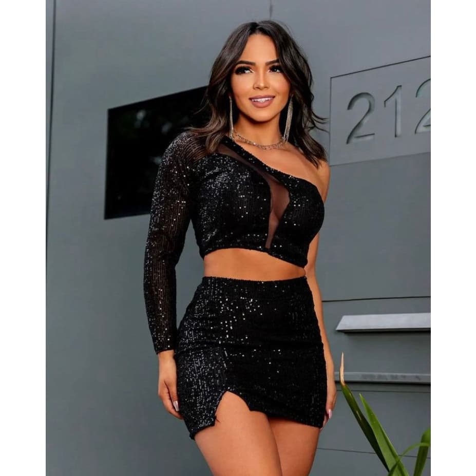 Conjunto Paetê Lantejoulas  Feminino Cropped+Saia/ Balada /Tendência Blogueira/ Brilho Balada