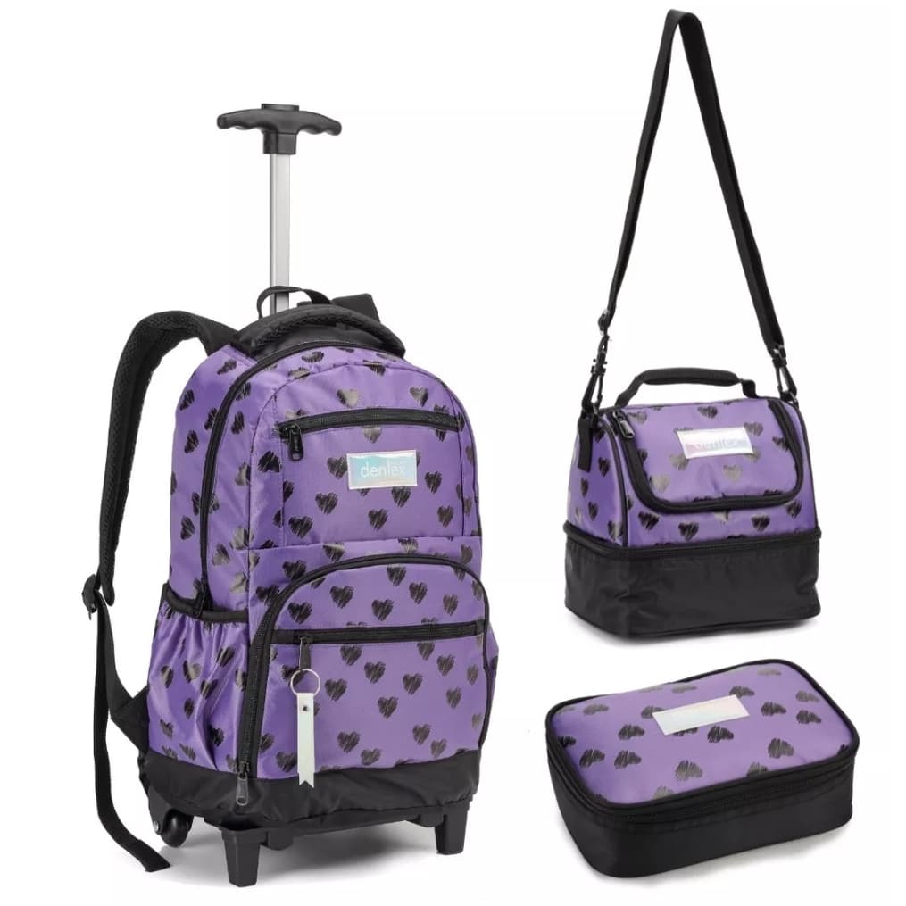Kit Mochila Juvenil Com Rodinhas e Estampa de Corações + Pompom