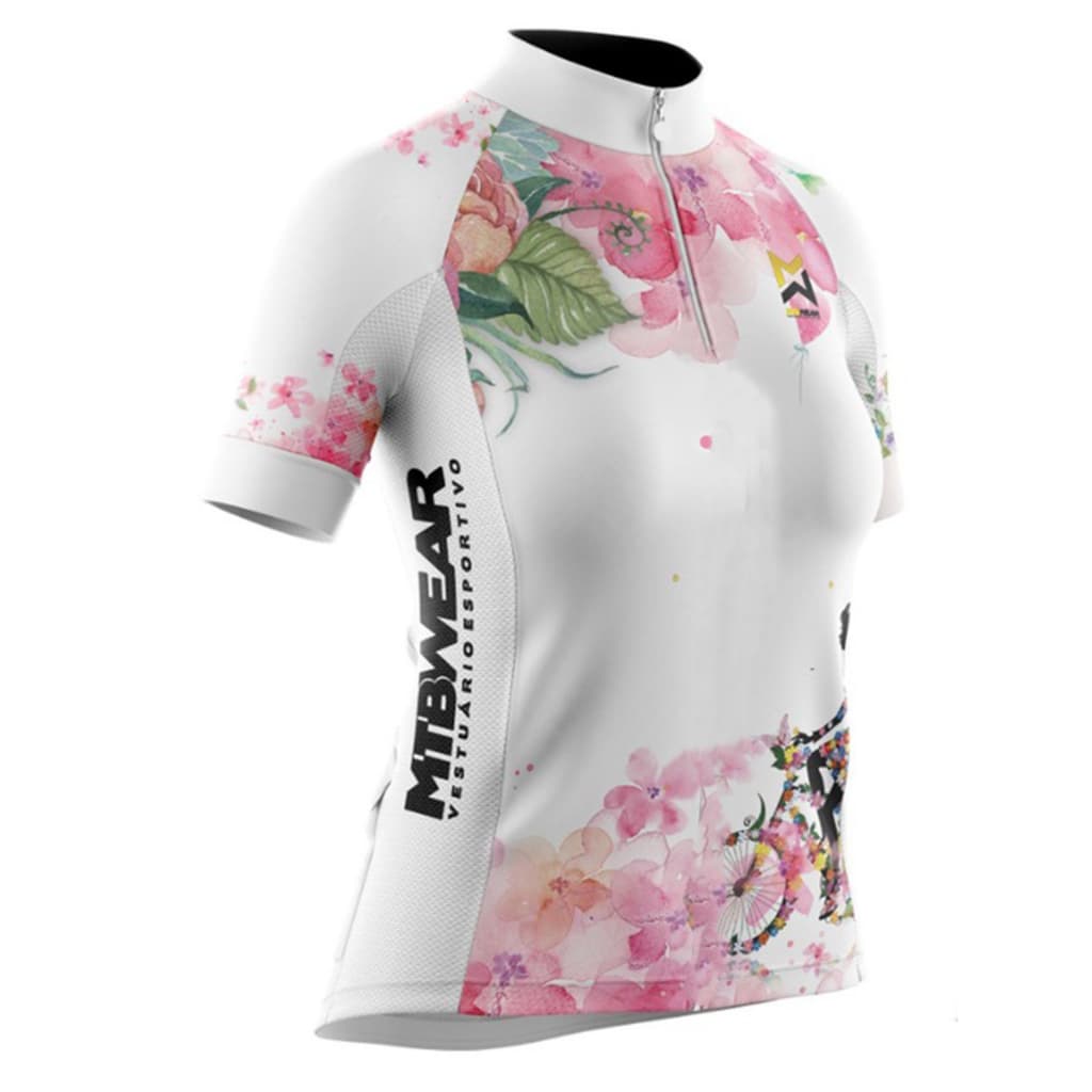 CAMISA PARA CICLISMO FEMININA/INFANTIL  MTB FLORAL BRANCA 075