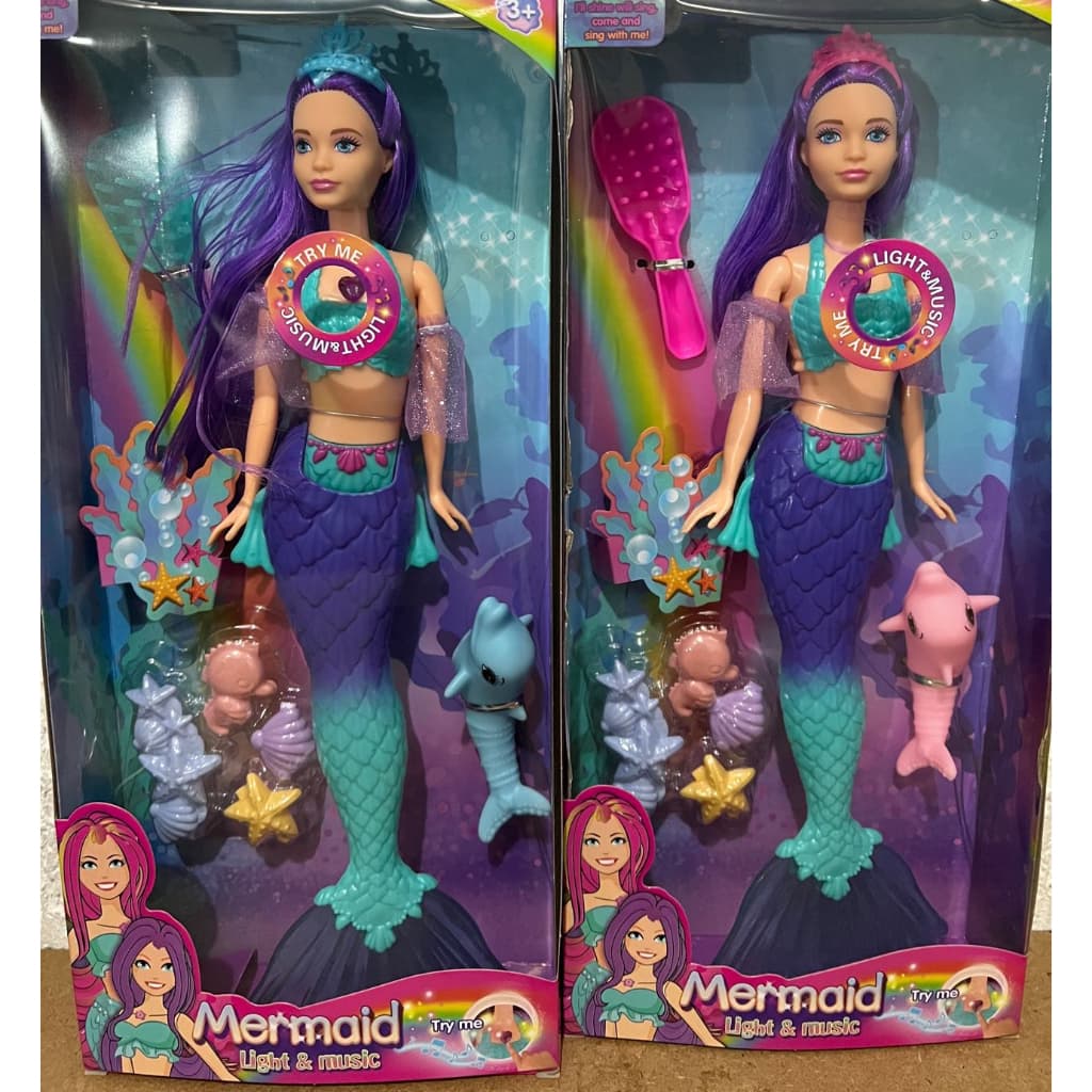 Boneca de sereia roxo tipo princesa acende luz e som musical
