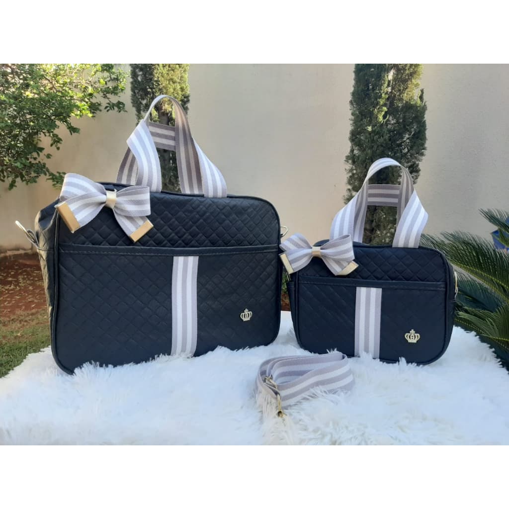 Jogo de bolsa  Maternidade 2 Peças Impermeável menino ( PRETA COM FITAS CINZA COM BRANCO)