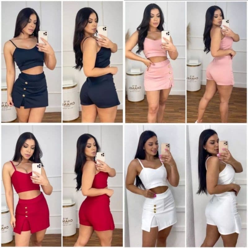 Conjunto Feminino 2 Peças Cropped e Short Saia Malha Crepe Tipo Alfaiataria