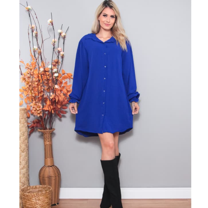 Chemise Feminina Manga Longa Duna Moda Camisão Vestido Com botão, Camisa social