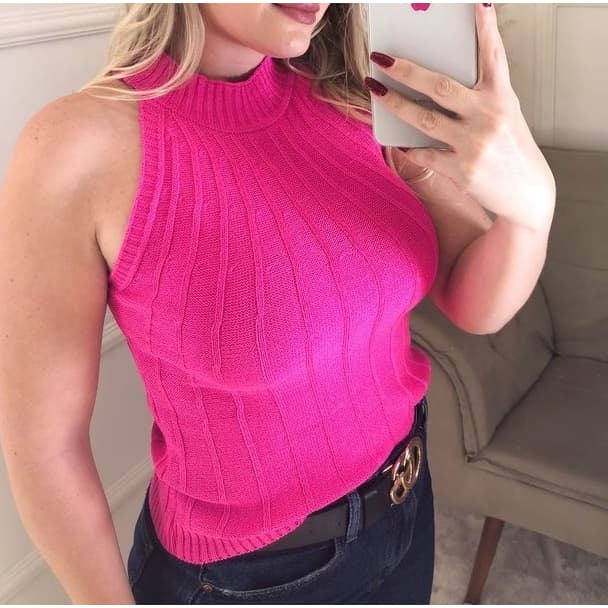 Blusa Cavada Garrafinha Tricot Modal Canelada Gola Alta / Blusinha Tricô Cava Americana / Envio 24hr