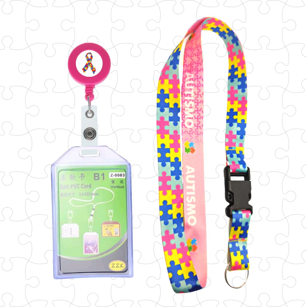 Cordão de identificação Dupla Face Rosa + Roller Autista + Porta Crachá Vertical