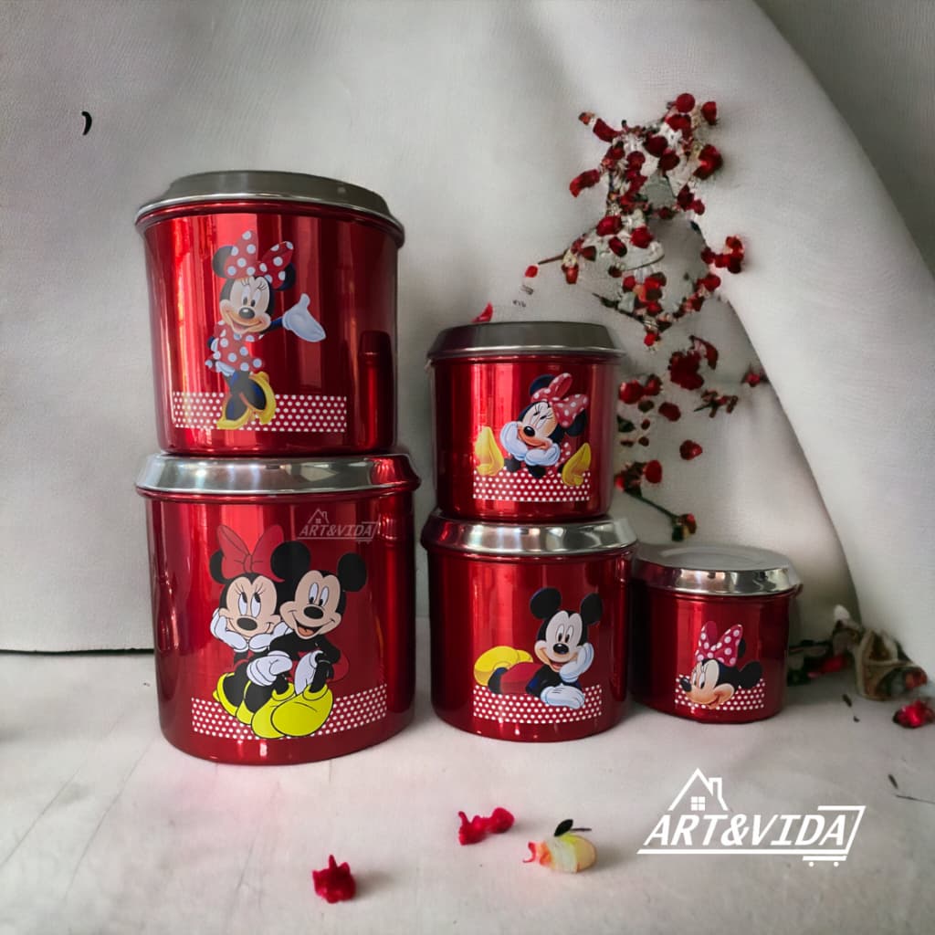 Jogo Mantimentos Decorado Mickey Minnie Disney 5 Pçs Alumínio Vermelho Preto Branco Rosa - ArtVida