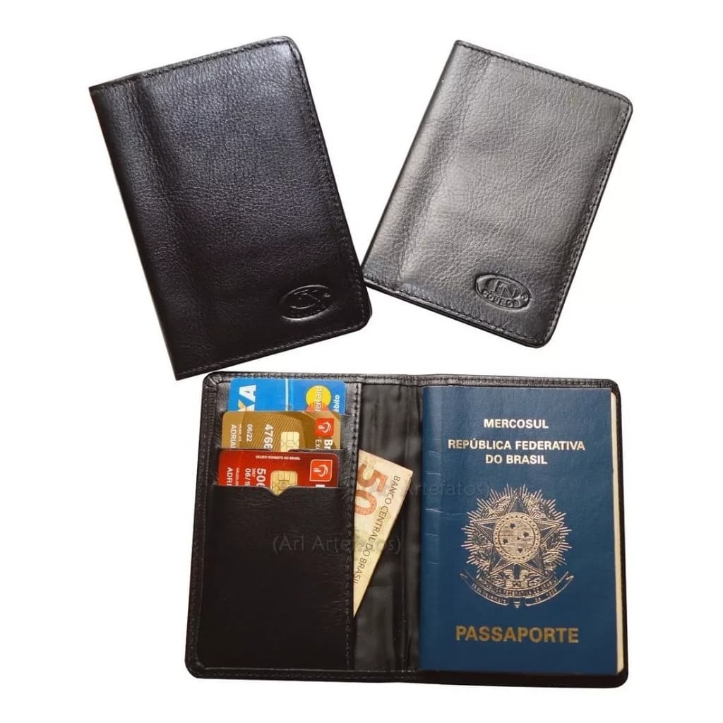 Porta Passaporte Em Couro Com Porta Cartões