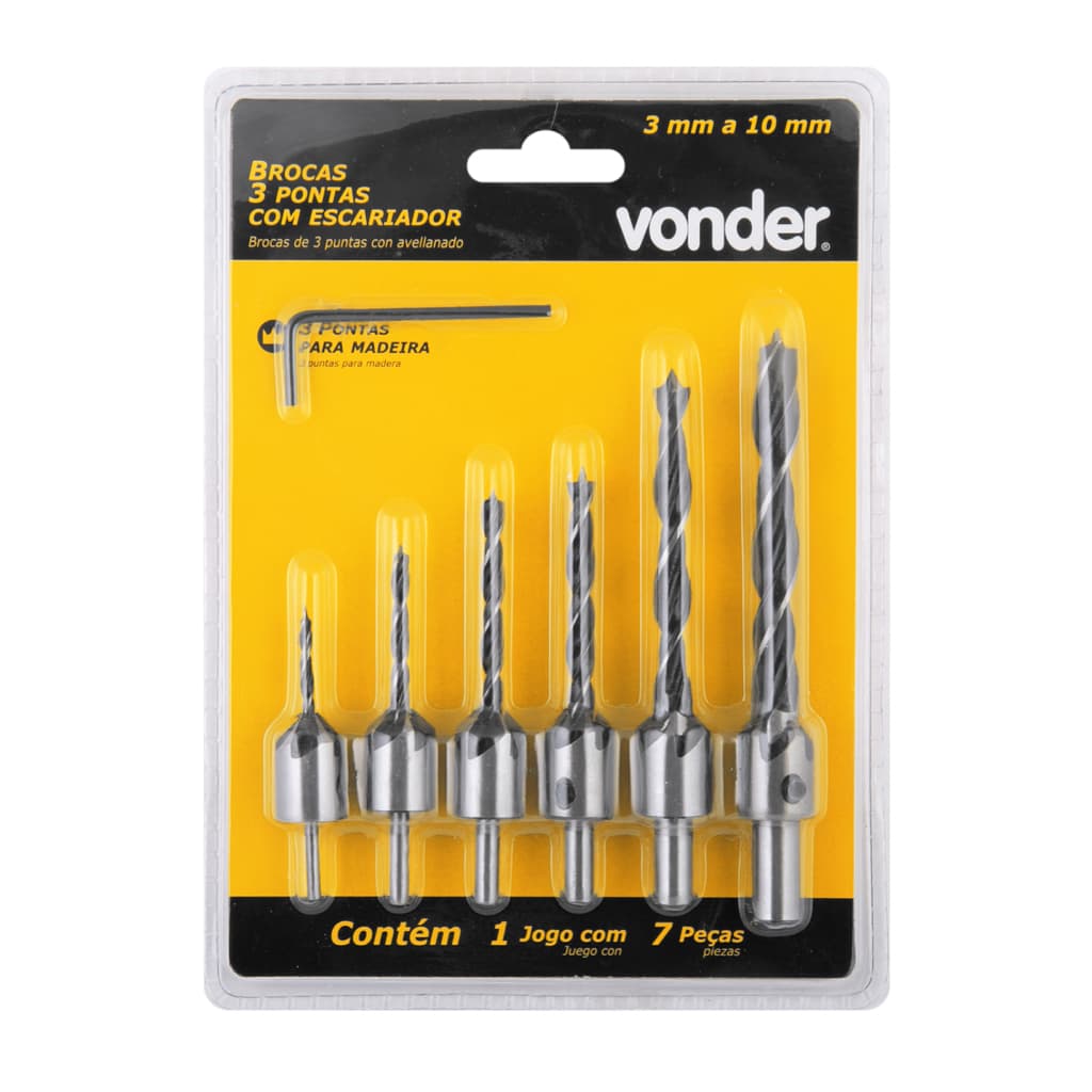 Jogo de brocas 3 pontas com escareador, 3 mm a 10 mm, jogo com 7 peças, VONDER