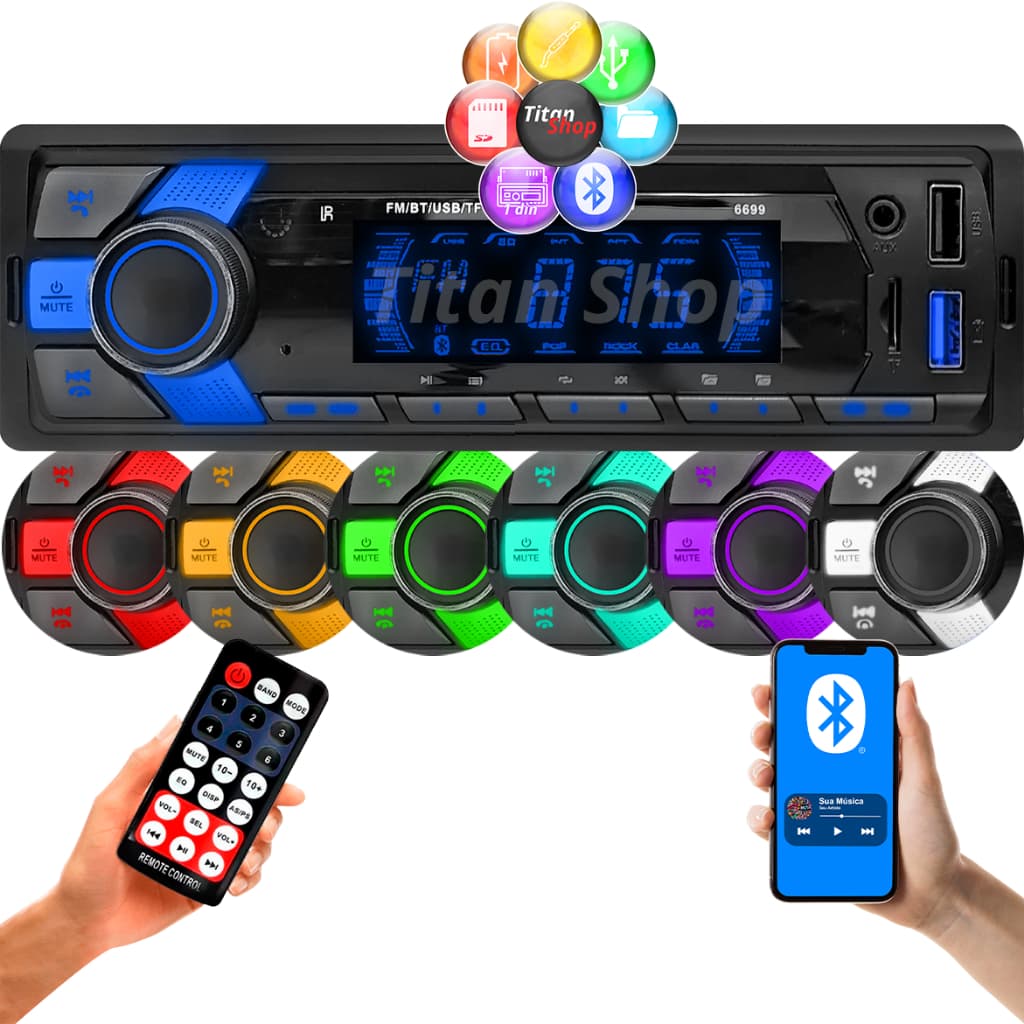 Som Automotivo Bluetooth 2 USB Leitor de Cartão de Memória SD TF FM Auxiliar 1 Din First Option 6699