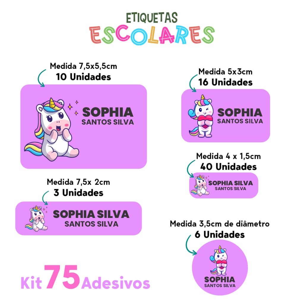 Kit 75 Etiquetas Escolares Adesivos em vinil personalizados e Laváveis Com Vários Temas escolha