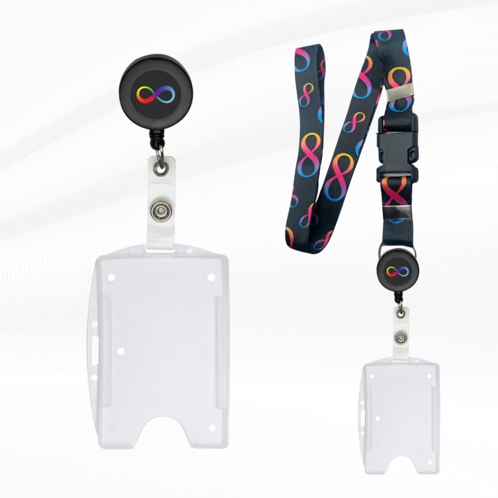 Cordão de Identificação Infinito Neurodiversidade + Roller Clip Neurodiversidade + Porta Cartão Transparente