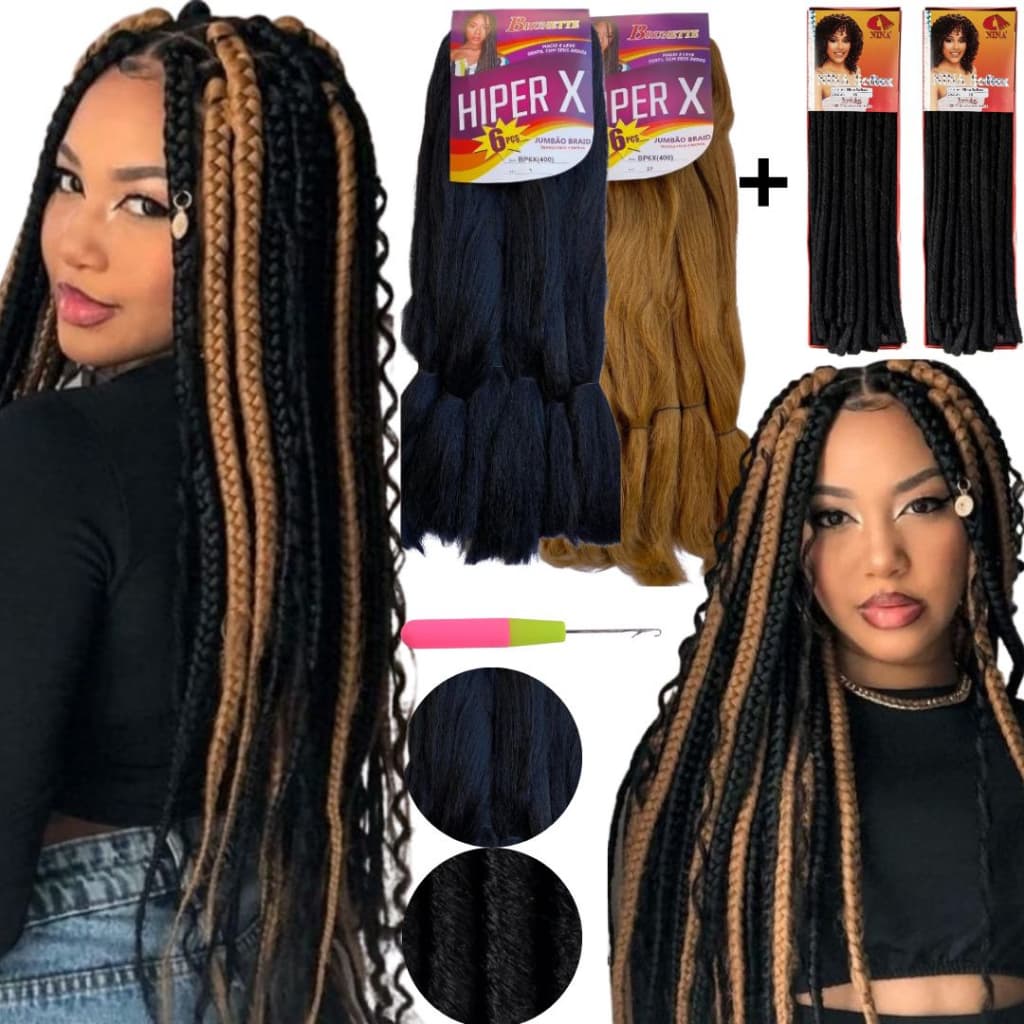 Kit 2 Jumbo Gypsy Goddess Braid + 2 Nina Crochet Tranças Com Cachos + Agulha Super X Hiper X