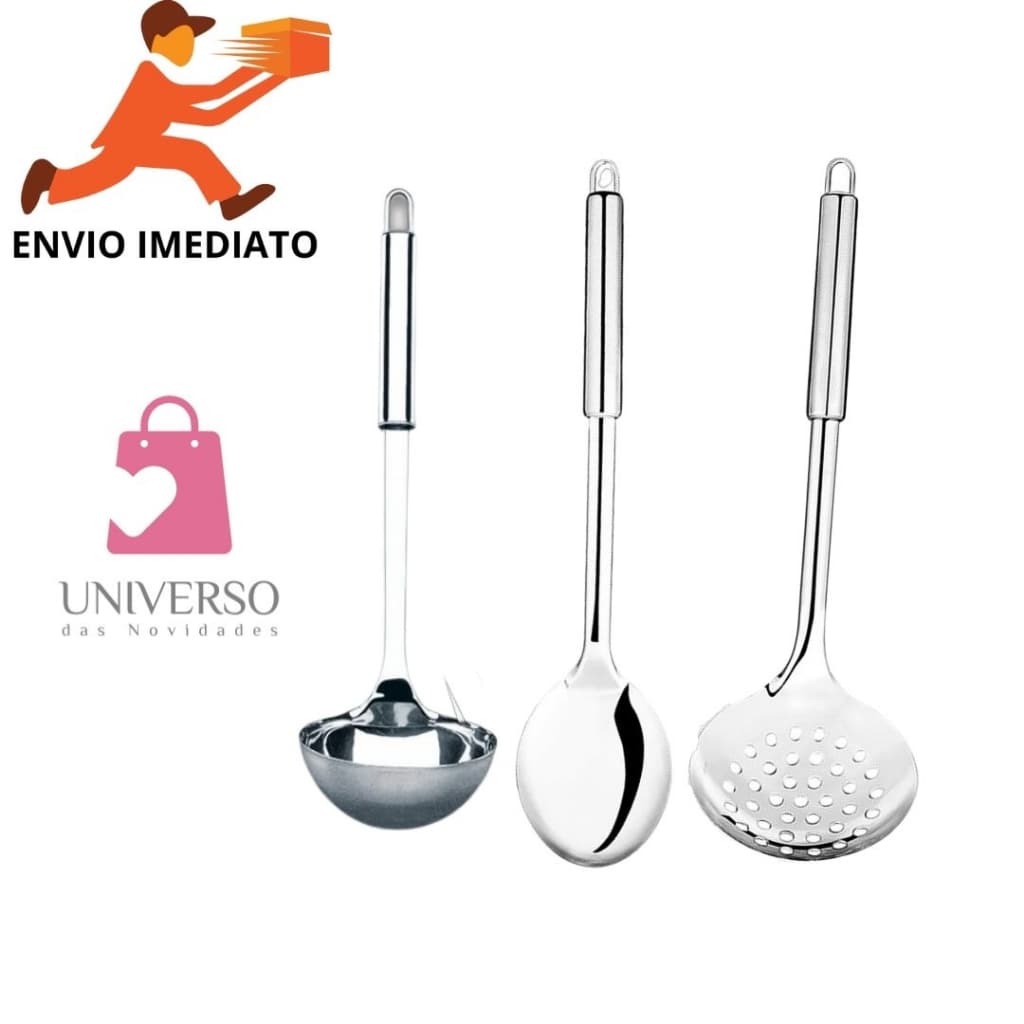 Kit 3 Peças Utensilio Conzinha Colher De Arroz Concha Escumadeira Aço Inox
