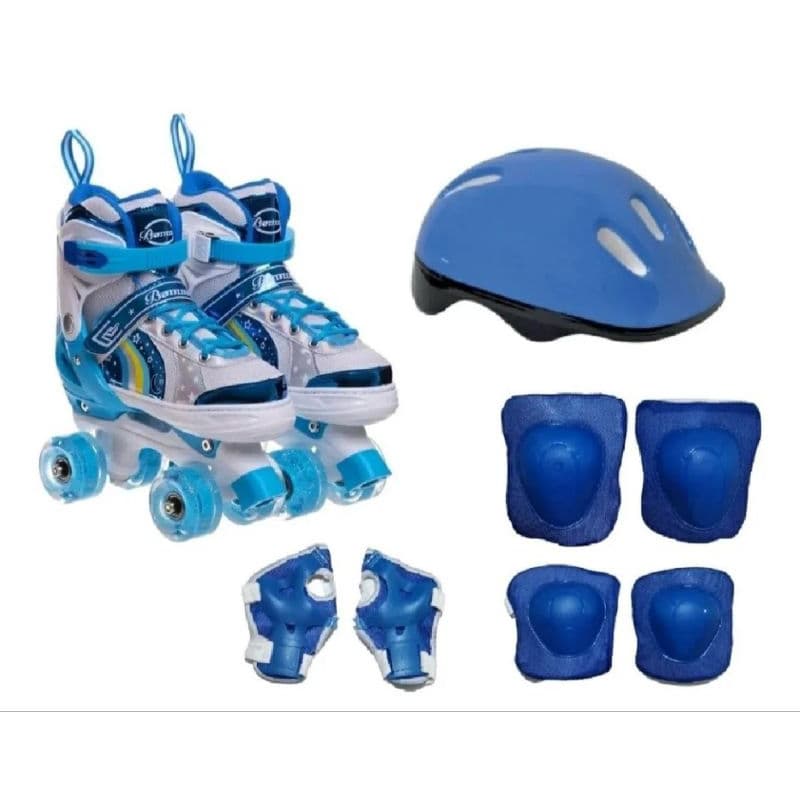 Patins Roller Infantil 4 Rodas + Kit Proteção azul