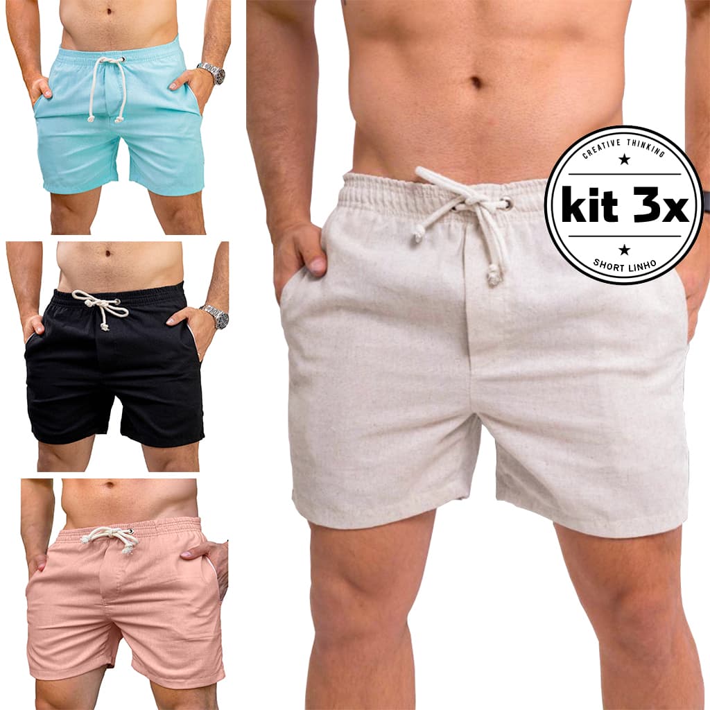 Kit 3 Shorts Linho Premium Bermuda Masculina Praia Verão