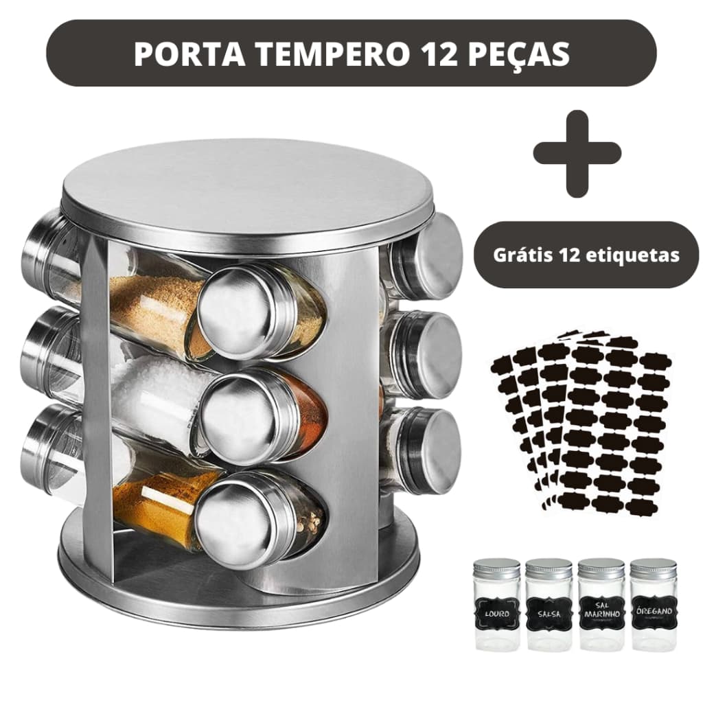 Porta Tempero e Condimento Suporte Giratório Inox 12 Potes de Vidro