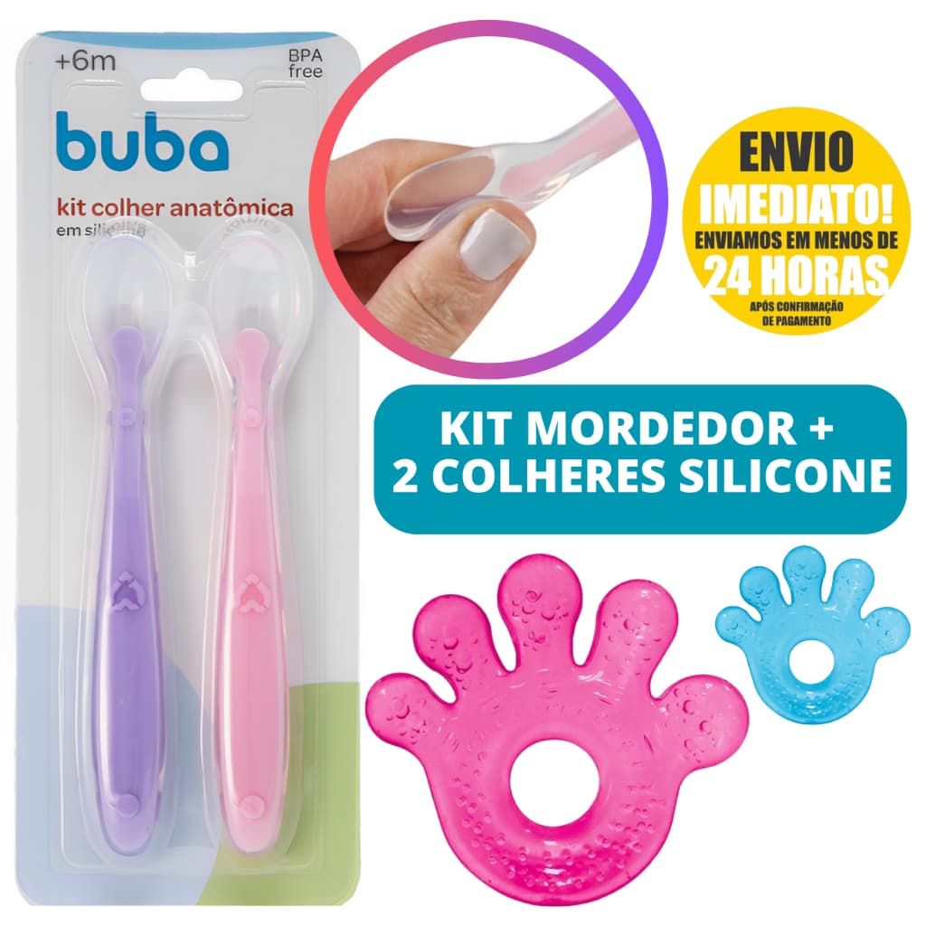 Kit Colher de Silicone Para Bebe Com 2 Unidades Para Introdução Alimentar + Mordedor Buba Oferta