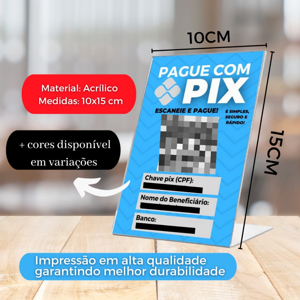Placa Pagamento via PIX com QR Code Display de Balcão em Acrílico medindo 10x15cm