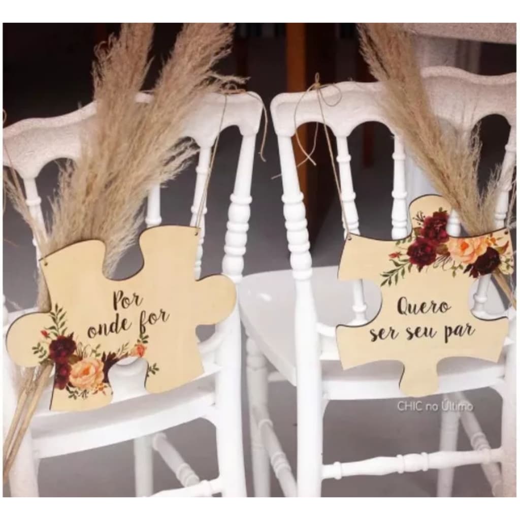 Conjunto Cadeiras Noivos quebra cabeça POR ONDE FOR ❤️ QUERO SER SEU PAR  placa decorativa casamento mdf placa cadeira dos noivos