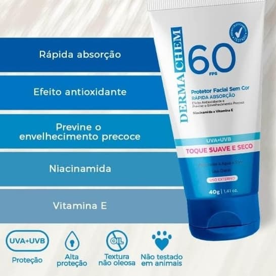 Protetor Solar Rosto FPS 60 sem cor 40g - Dermachem