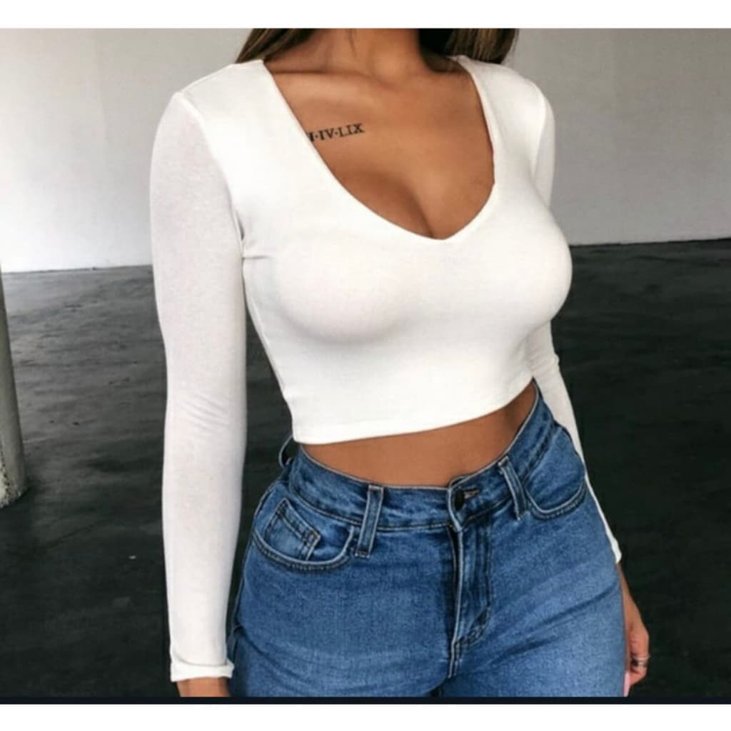 Cropped Decote V Manga Longa premium moderno