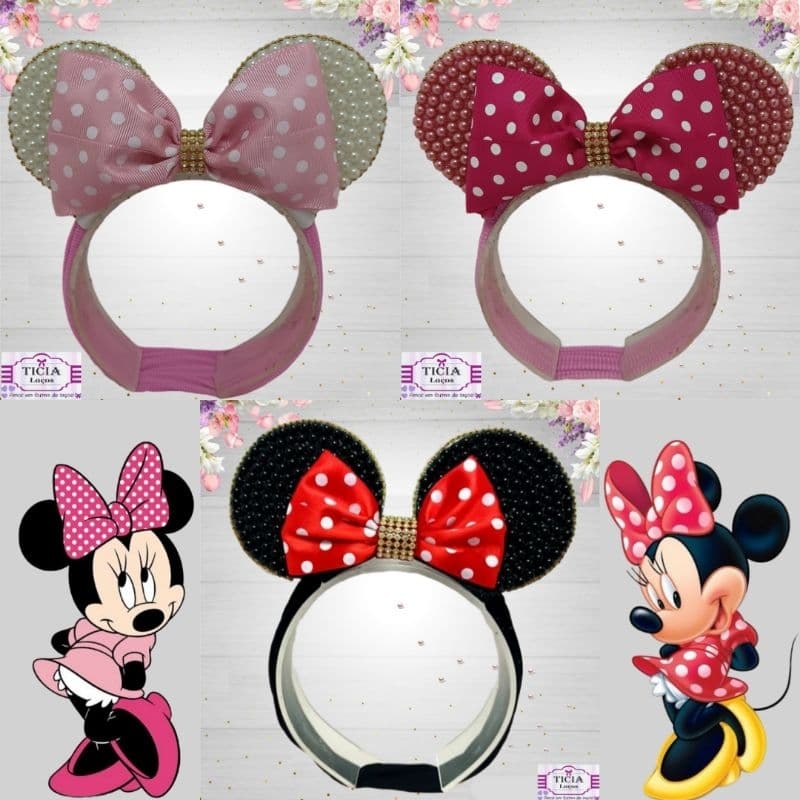 Faixinha da Minnie rosa ou Minnie vermelha com pérolas/ Tiara da Minnie/ Orelha da Minnie