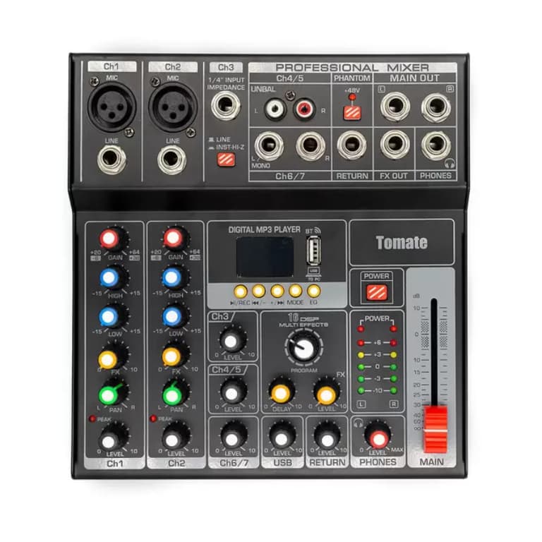 Mesa De Som Profissional Mixer 7 Canais Digital Efeitos Usb TYT-007 - Tomate