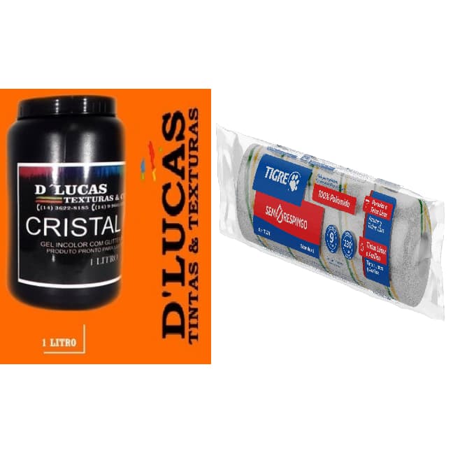 Kit Cristal Gel + Rolo 23 cm para pintura - Verniz Base de Água com Glitter para paredes e artesanatos 1,0 Litro