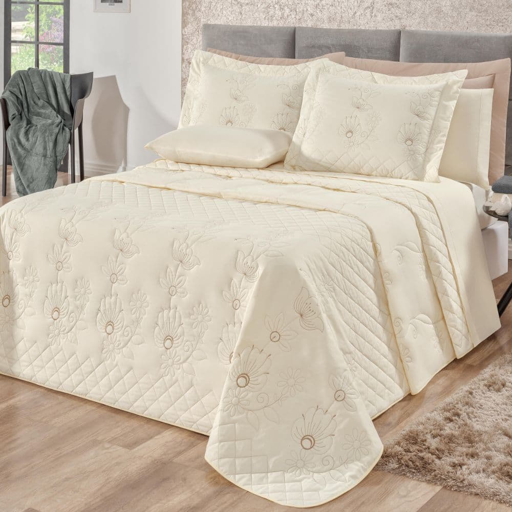 Kit Cobre Leito Casal Queen Mirabello 3 Pçs 150 Fios Bordado