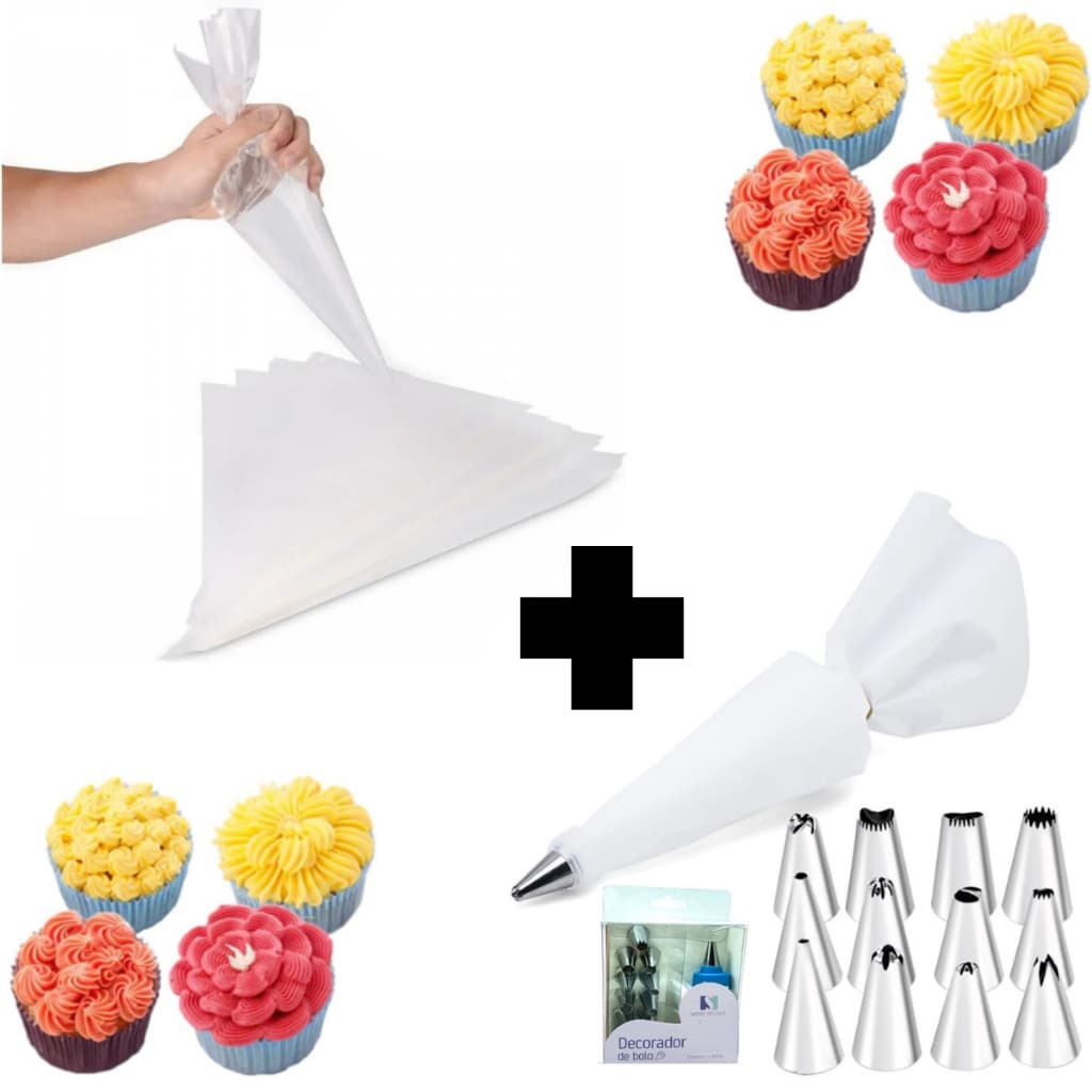 Kit 100 Sacos De Confeitar + 12 Bicos Metal C/ Adaptador
