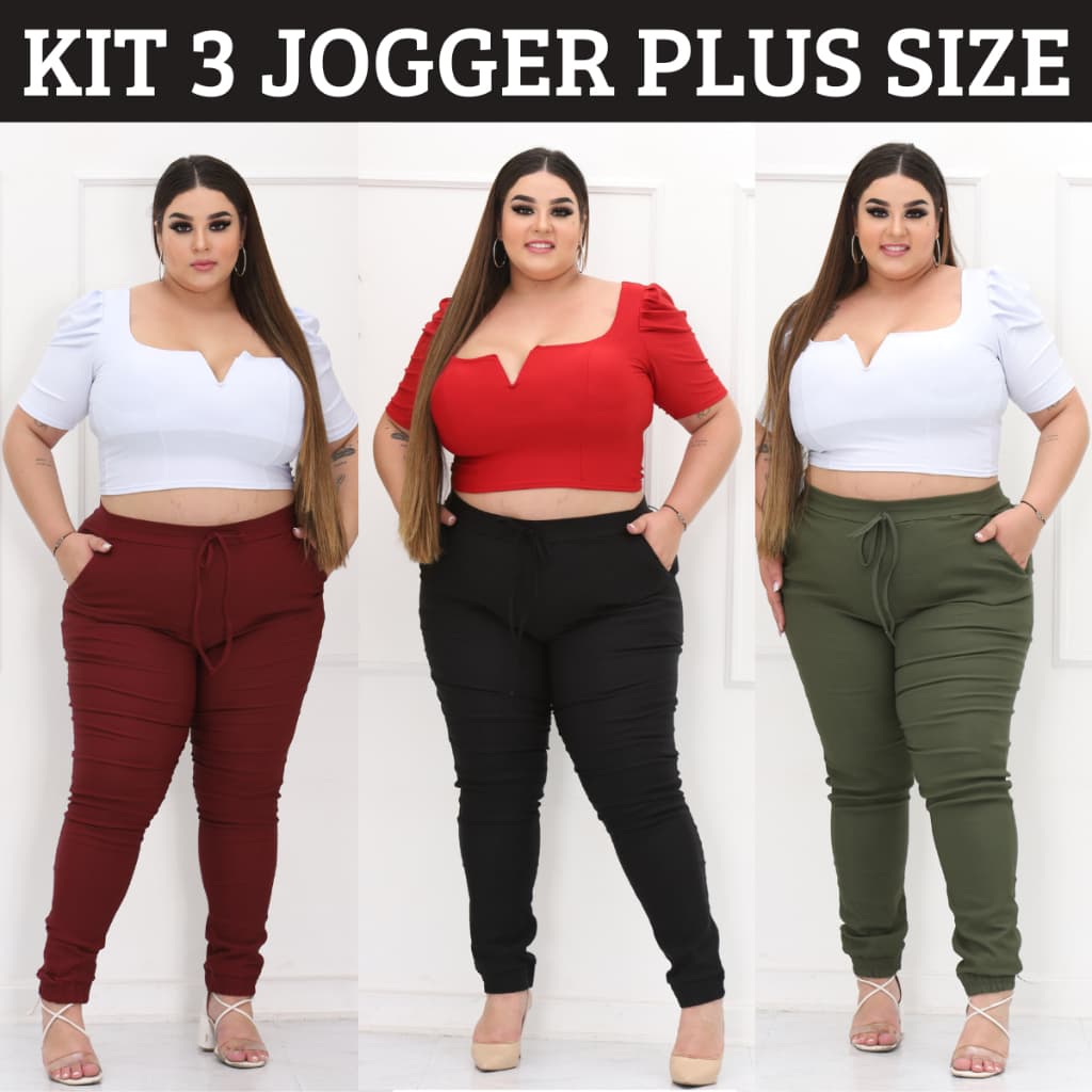 Kit 3 Calças Femininas Tamanho Grande Plus size Calça Jogger 3 Cores Tecido Bengaline