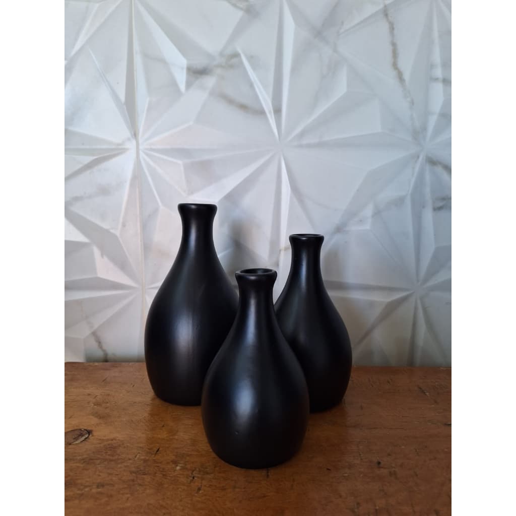 Kit Trio Vaso Bojuda Centro de Mesa em Cerâmica Decorativa para Casa Preto Fosco