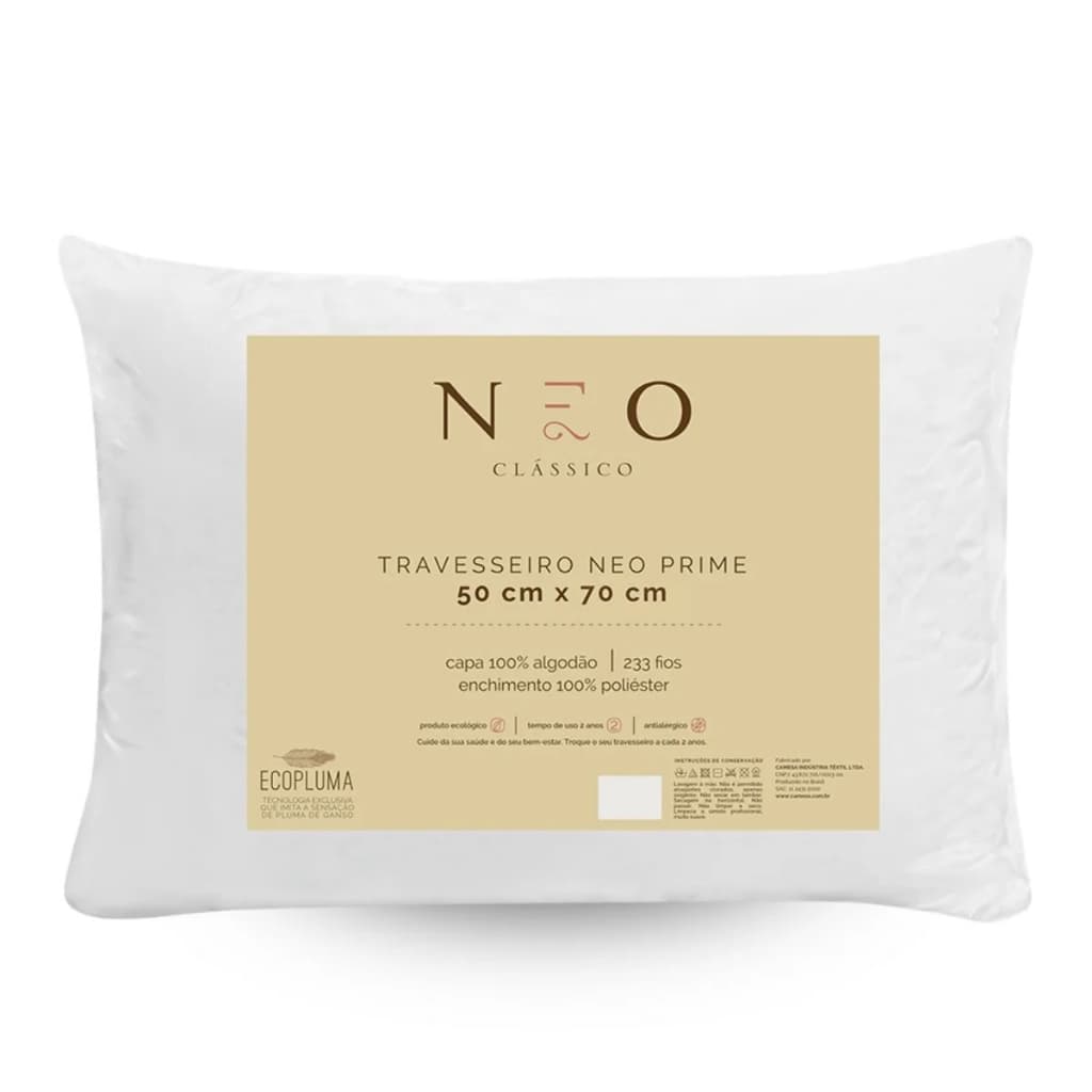 Travesseiro Neo Prime Hotelaria Ecopluma Percal 100% Algodão 233 Fios 50x70 Lavável Camesa