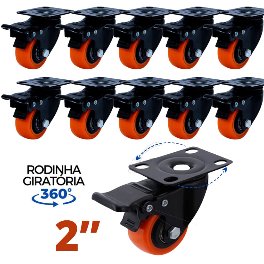 Kit 10 Rodizios 7cm Rodízio Para Moveis Pesados Anti-risco Giratória Com Trava E Freio 2 Polegadas