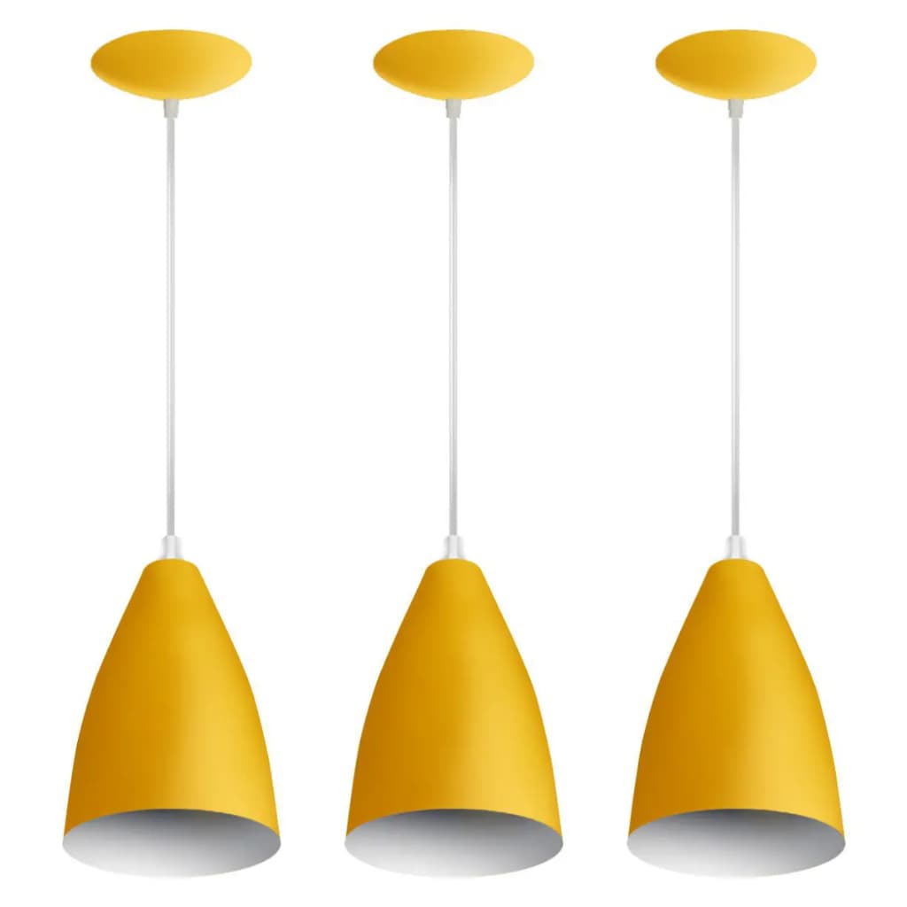 Novo Combo Kit com 3 Pendentes Soft Cone Amarelo Branco Luminária Alumínio Lustre 17Cm
