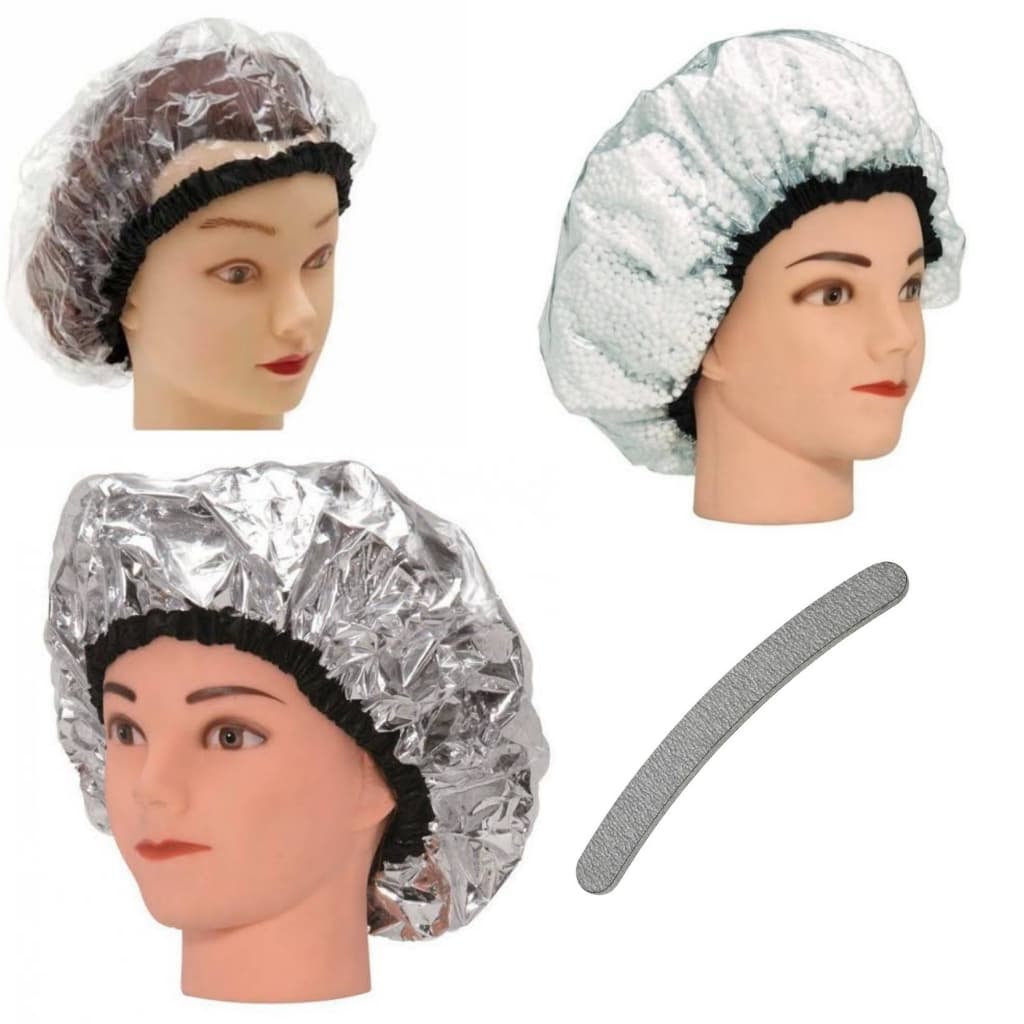 Kit 3 Toucas Beleza, Metal c/ Isopor, Metalizada, Cristal,  Hidratação e Capilar + Lixa Banana