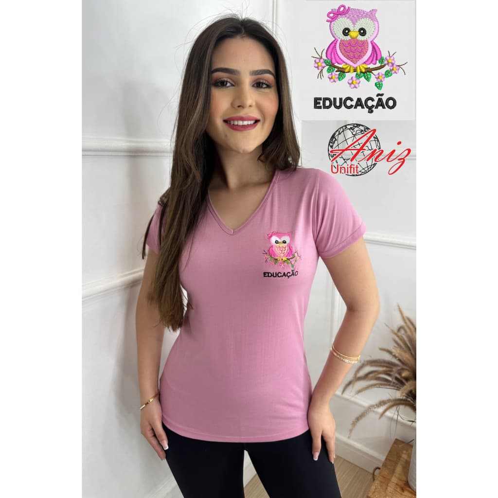 Camiseta  Blusa Feminina Educação Bordado Coruja Baby Look Uniforme Confortável Escolar