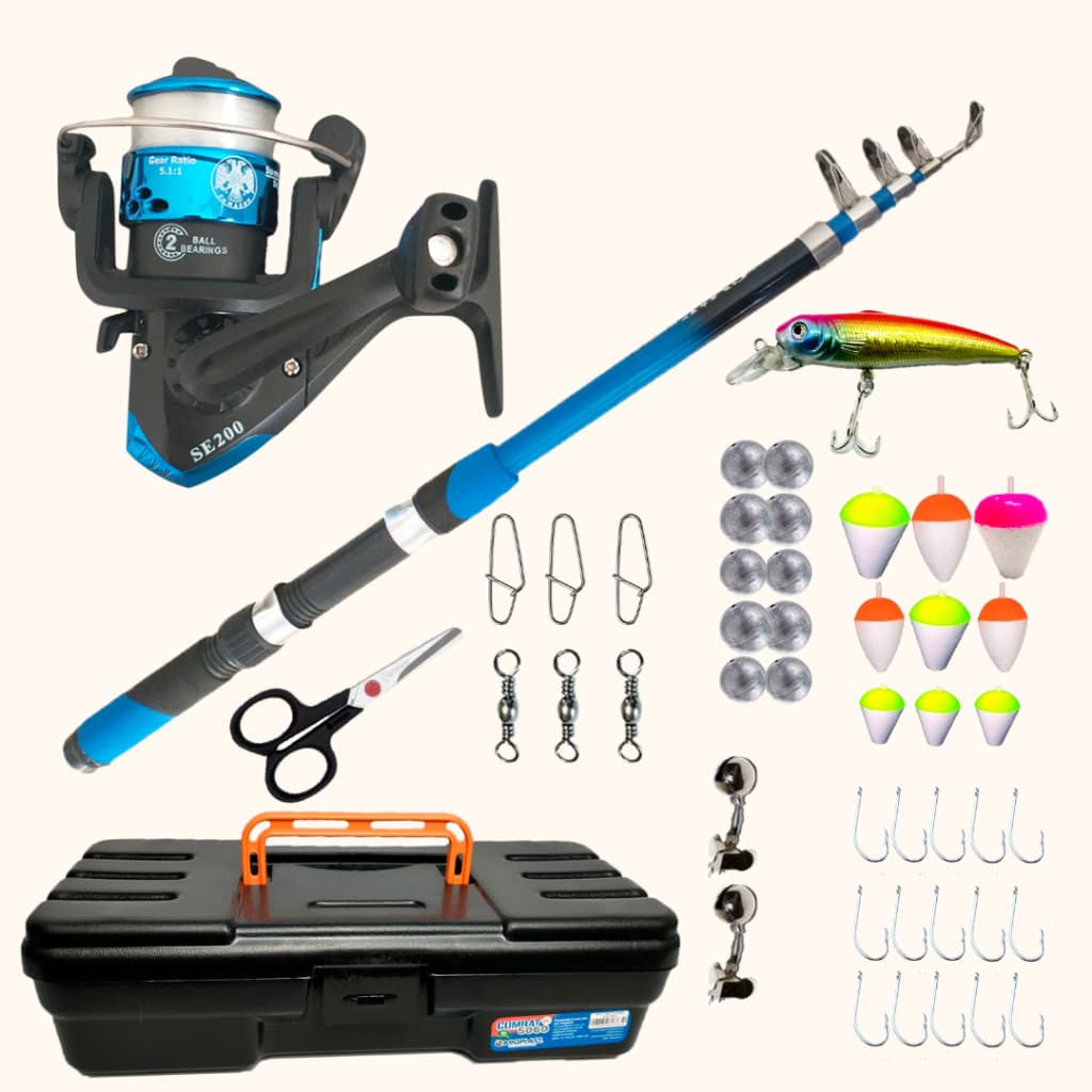 KIT PESCA PESCARIA COMPLETO VARA MOLINETE MALETA CHUMBADA ANZOL ISCA TESOURA