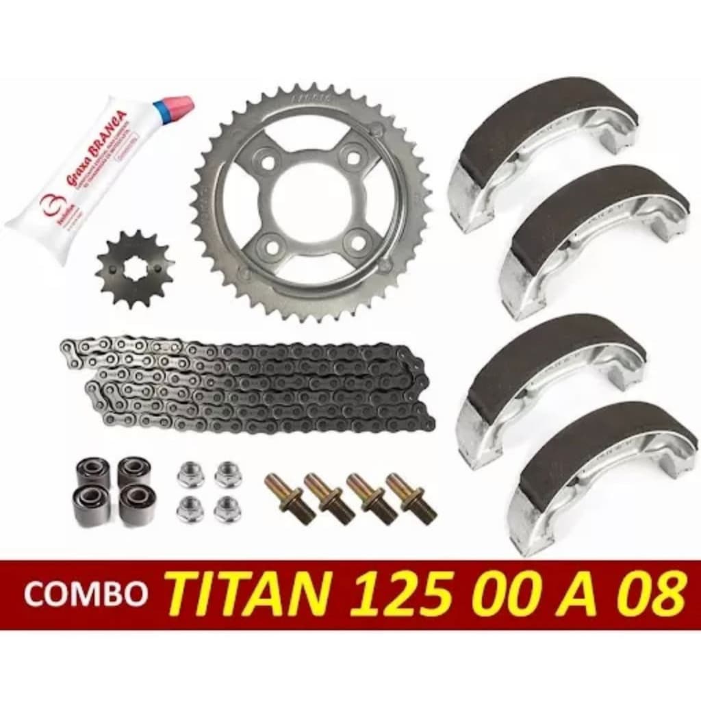 Kit Relação Transmissão Aço 1045 Honda CG 125 2000>2008 KS + Lona de Freio (02Pares) + Kit Prisioneiros Coroa + Óleo p/Corrente