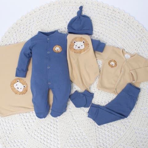 Kit Maternidade Leãozinho 7 Peças 100% Algodão Completo Saída Maternidade Bebê Menino Marinho e Bege
