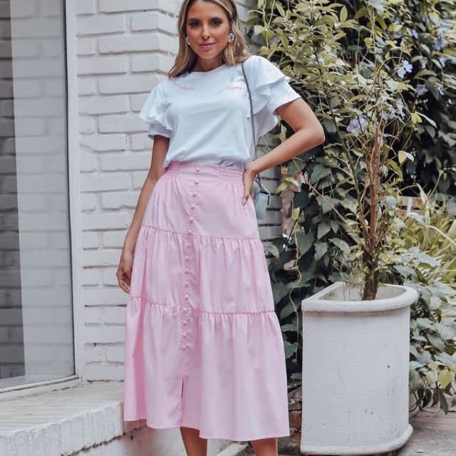 Saia Midi Feminina Cintura Alta Com Forro Moda Tendência