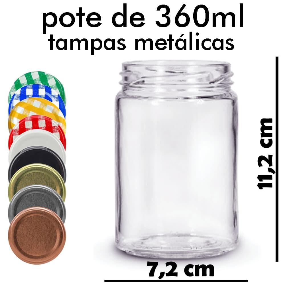Pote Vidro 360ml - kit 8 unidades com tampa metálica