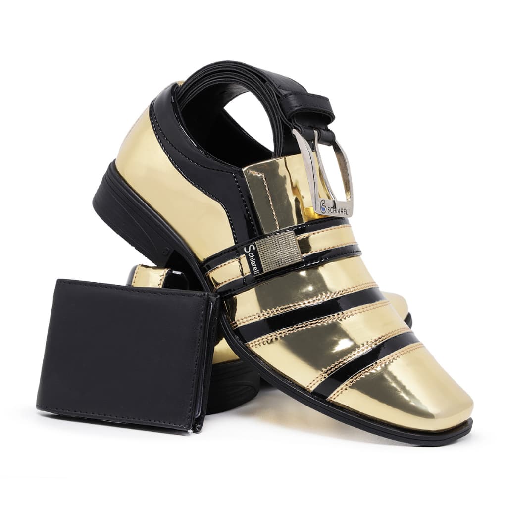 Kit Sapato Social Italiano 853 Dourado Preto Com Cinto E Carteira Conforto Verniz Brilho Casamento