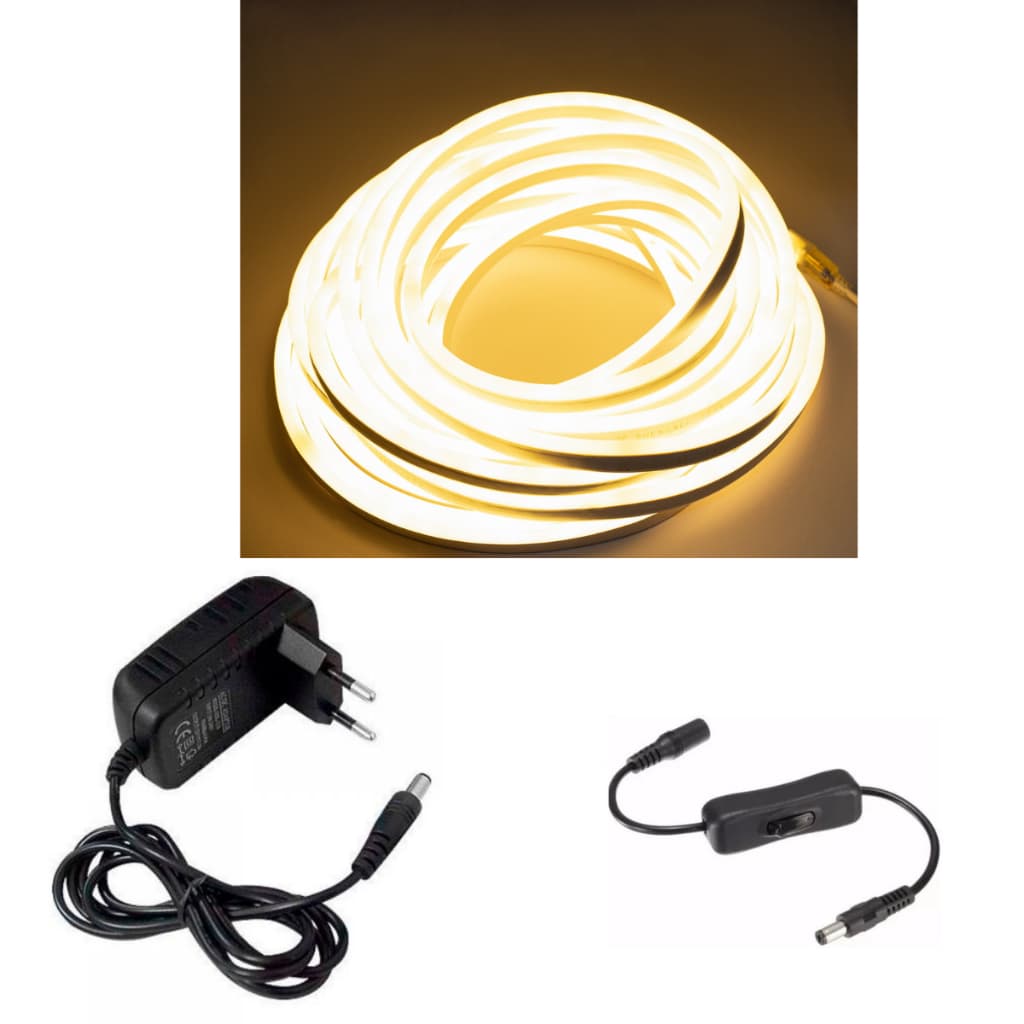 Fita Led Neon 5m Branca Quente 12v Com Fonte 3A e Interruptor P4