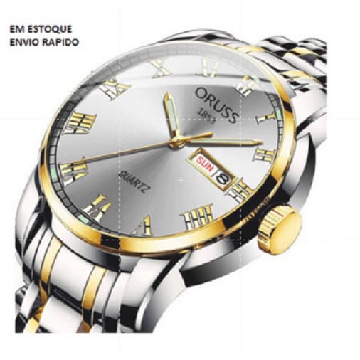 Relógio Movimento Quartzo A Prova D'água Aço Inox com calendario cromado com dourado fundo Branco Oruss Original