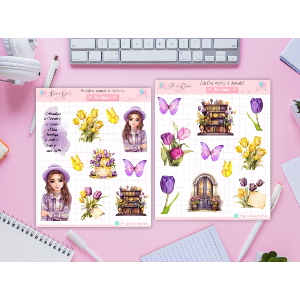 2 CARTELAS DE ADESIVOS - Coleção As tulipas - Adesivos religiosos para devocionais, versículos bíblicos, planner
