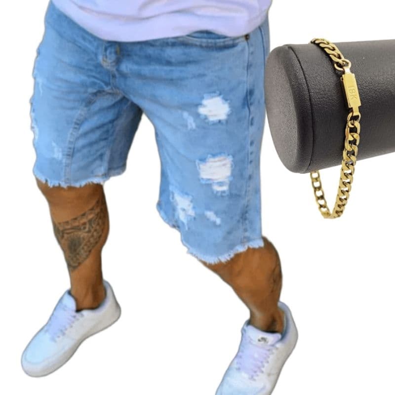 Bermuda Jeans Masculina Rasgada Clara C/ Lycra + Pulseira 18k Promoção para voce hoje